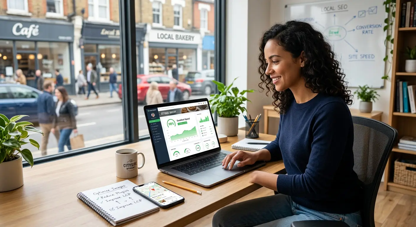 Business owner reviewing website analytics and performance on a laptop in a cafe