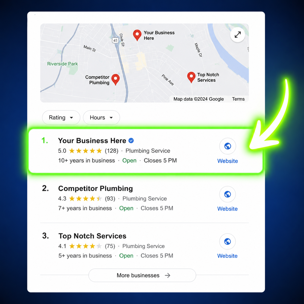 Smartphone showing Google Maps local results for a service business search
