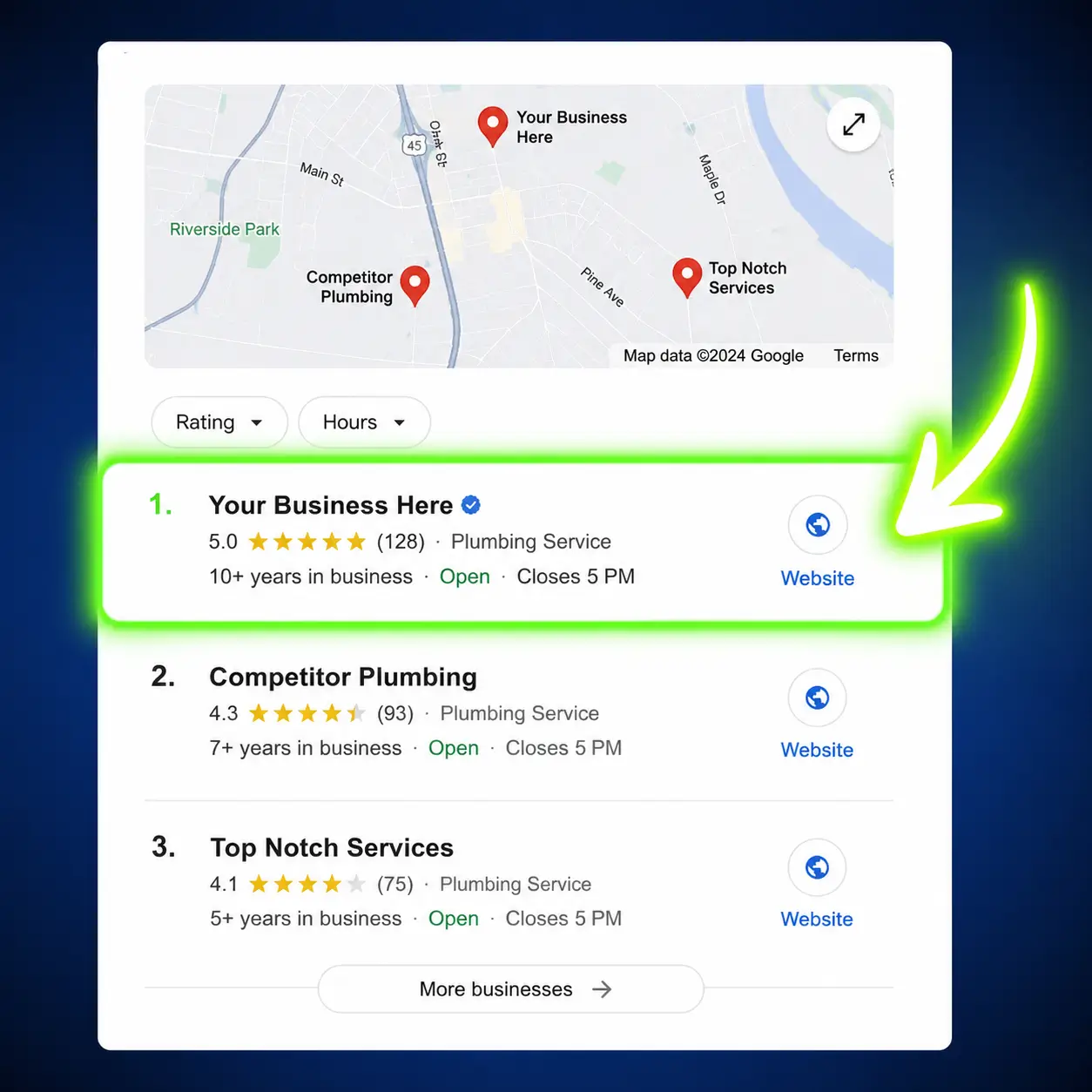 Smartphone showing Google Maps local results for a service business search
