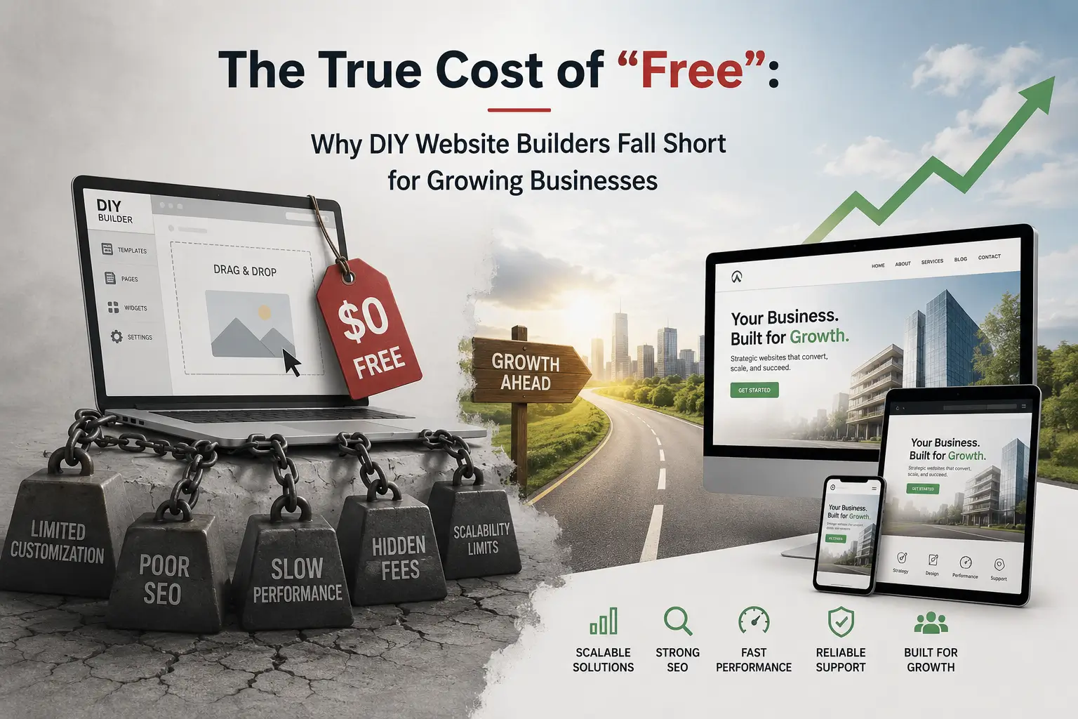 A business owner staring frustrated at a DIY website builder on a laptop, surrounded by hidden cost symbols